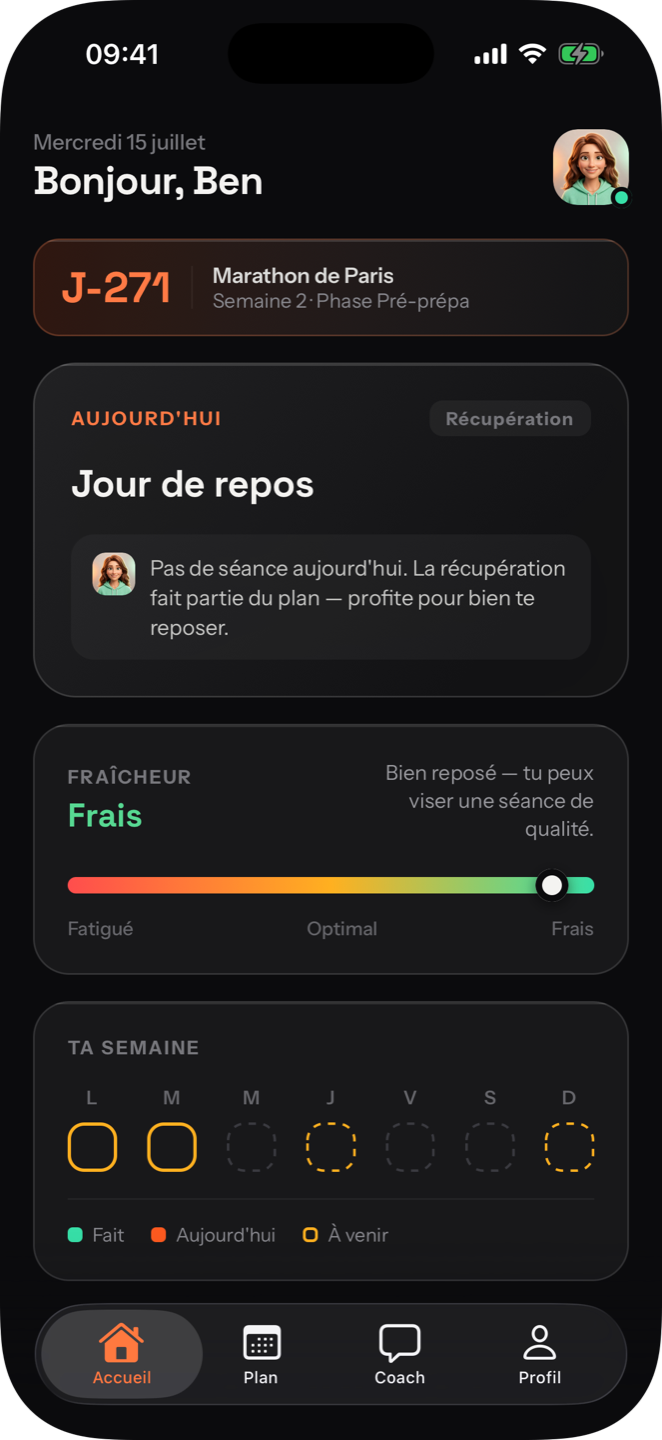 Enami — l'écran d'accueil du coach : plan du jour, fraîcheur et semaine